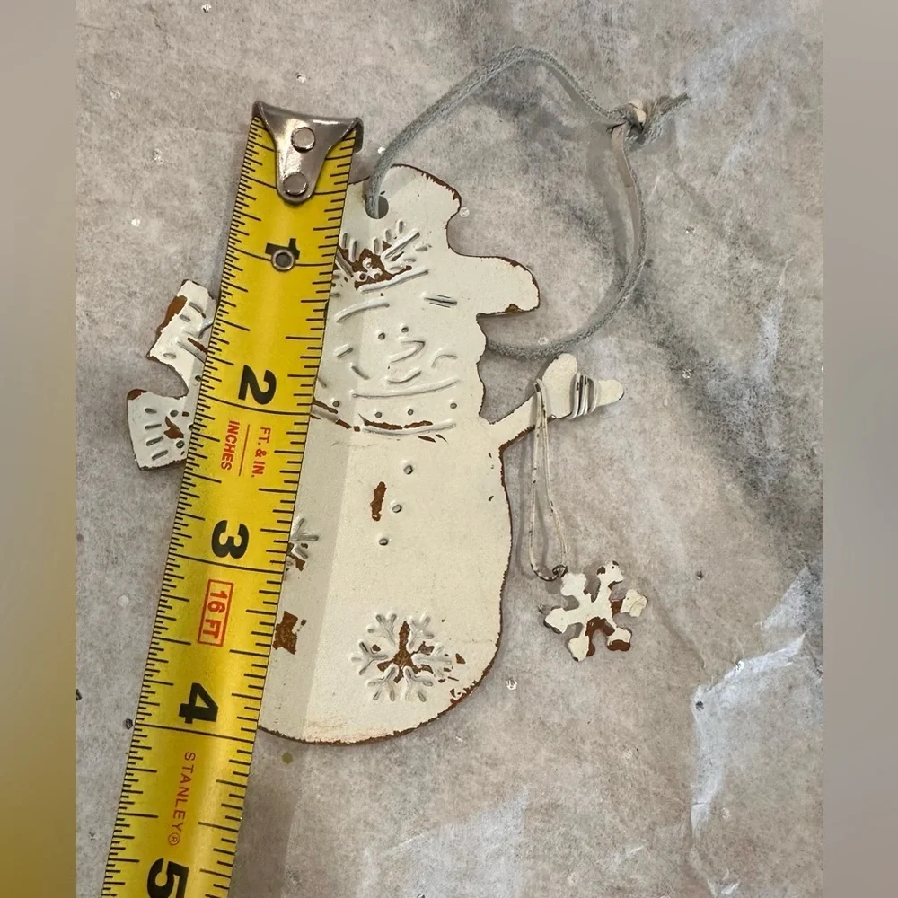 Rustic Folk Art Snowman Metal Ornament - Cream